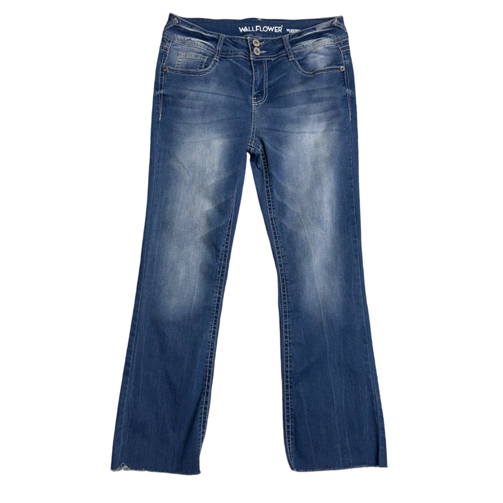 Wallflower Womens Blue Wash Flared‎ Distressed Hem Jeans Size Unknown